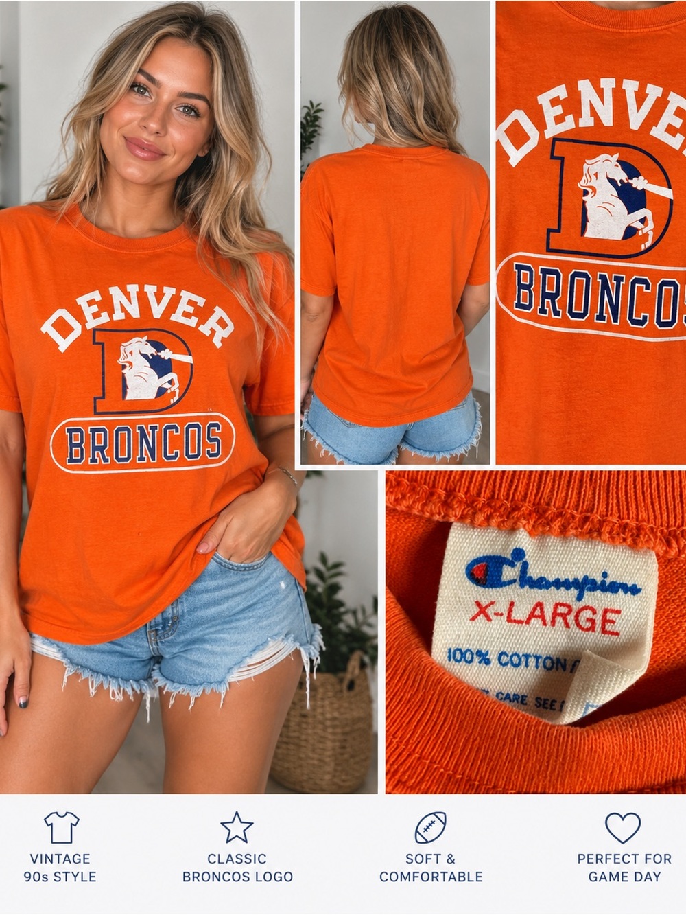 Vintage Champion Denver Broncos Orange T-Shirt XL 100% Cotton NFL